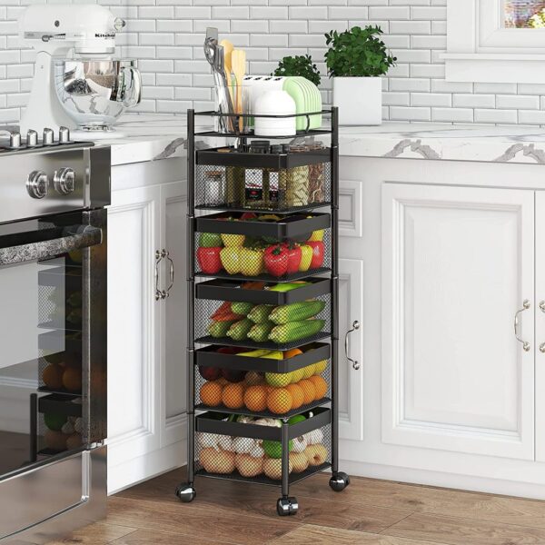 Rotating Multi-Layer Kitchen Storage Shelf,Xinyourui Fruit Vegetable Storage Basket，Floor-Standing Rolling Vertical Shelving，Multifunctional Household Shelf for Bedroom,Bathroom, Black, 5 Tier-Square-new - immagine 6