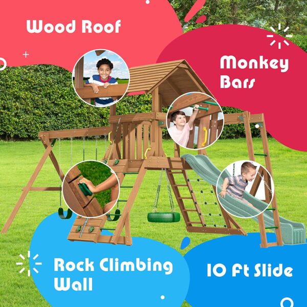 Creative Playthings Northbridge Pack 4 Wooden Swing Set (Made in The USA) for Ages 2 -12 Yrs, with Climbing Wall for Kids, Playground Swings and Slide, Monkey Bars, Tire Swing 22 x 12 x 11ft - immagine 3