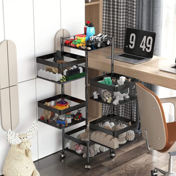 Rotating Multi-Layer Kitchen Storage Shelf,Xinyourui Fruit Vegetable Storage Basket，Floor-Standing Rolling Vertical Shelving，Multifunctional Household Shelf for Bedroom,Bathroom, Black, 5 Tier-Square-new - immagine 7