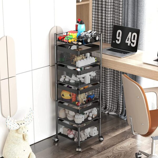 Rotating Multi-Layer Kitchen Storage Shelf,Xinyourui Fruit Vegetable Storage Basket，Floor-Standing Rolling Vertical Shelving，Multifunctional Household Shelf for Bedroom,Bathroom, Black, 5 Tier-Square-new - immagine 5