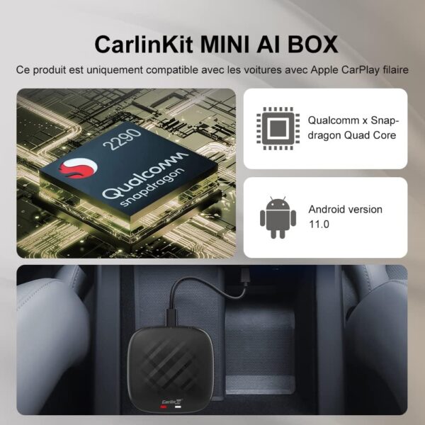 CarlinKit Mini AI Box Carplay sans Fil/Android Auto, Version Android 11.0, mémoire 3 + 32G, pour Les Voitures avec Apple CarPlay câblé en Usine, Prend en Charge Youtube, Netflix, Double Bluetooth - immagine 2