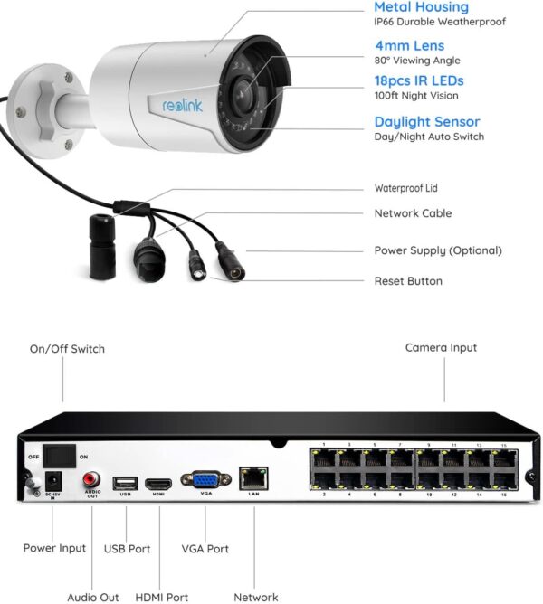 REOLINK 16CH 5MP Home Security Camera System, 8pcs Wired 5MP Outdoor PoE IP Cameras with Person Vehicle Detection, 4K 16CH NVR with 4TB HDD for 24-7 Recording, RLK16-410B8-5MP - immagine 3