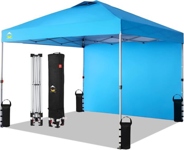 CROWN SHADES 10x10 Pop up Canopy Instant Commercial Canopy Including 1 Removable Sidewall, 4 Ropes, 8 Stakes, 4 Weight Bags, STO 'N Go Bag, Sky Blue - immagine 2