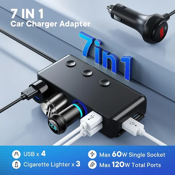 𝟮𝟬𝟮𝟯 𝗡𝗲𝘄 Cigarette Lighter Adapter Quick Charge 3.0, 120W 12V/24V 3-Socket Power Splitter DC Outlet with 8.5A 4 USB Ports - immagine 5