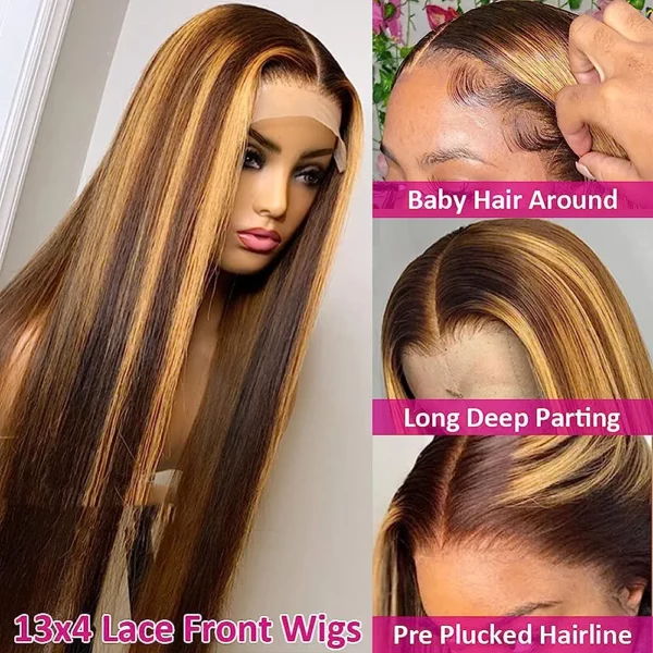 Pizazz 13x6 HD Transparent Lace Front Wigs Human Hair Pre Plucked highlight Color Brazilian Straight Lace Frontal Human Hair Wigs for Women 4/27 Color (4/27 Color Straight Wig, 26 Inch) - immagine 2