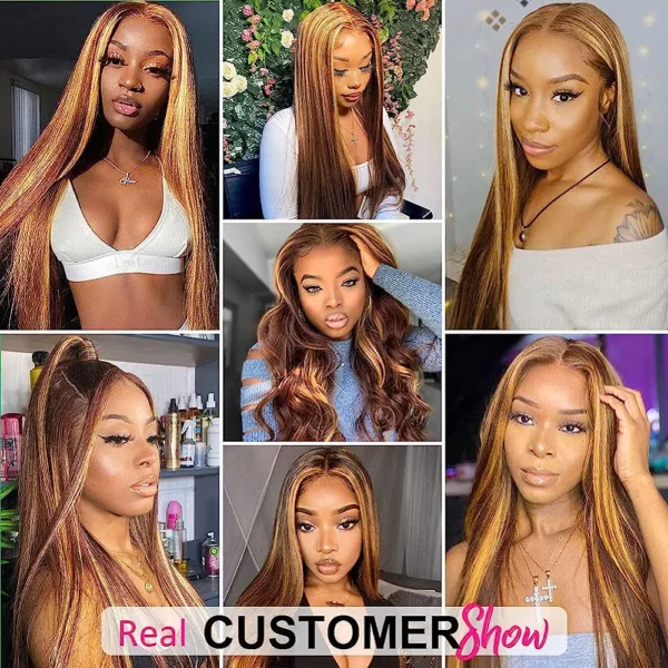 Pizazz 13x6 HD Transparent Lace Front Wigs Human Hair Pre Plucked highlight Color Brazilian Straight Lace Frontal Human Hair Wigs for Women 4/27 Color (4/27 Color Straight Wig, 26 Inch) - immagine 4