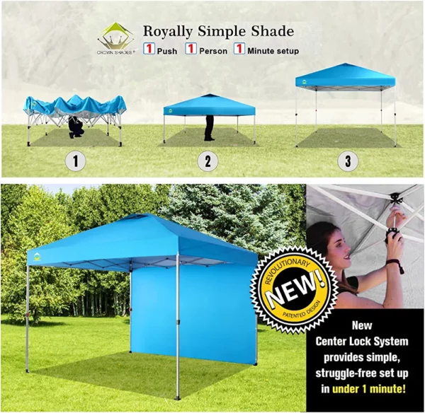 CROWN SHADES 10x10 Pop up Canopy Instant Commercial Canopy Including 1 Removable Sidewall, 4 Ropes, 8 Stakes, 4 Weight Bags, STO 'N Go Bag, Sky Blue - immagine 6