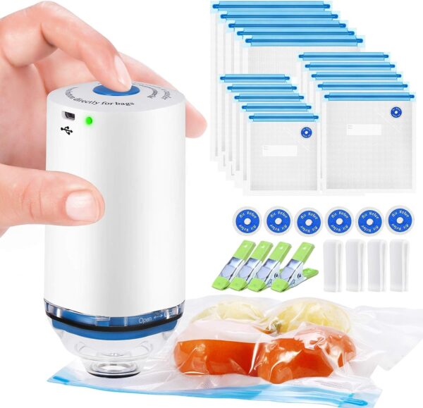 Vacuum Sealer machine , Portable Vacuum Sealer set Higfra Electric Rechargeable Hand Held Vacuum Sealer Machine with Sous Vide Bags 15 Pack Reusable Food Storage Bags for Food Storage & Sous Vide Cooking Food Saver