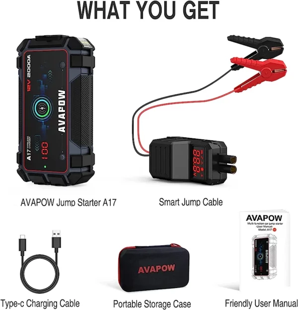 AVAPOW Car Jump Starter 2000A Peak Jump Boxes for Vehicles(12V 8L Gas/6.5L Diesel Engine) Equipped Fast Wireless Charging Jump Starter Battery Pack - immagine 2