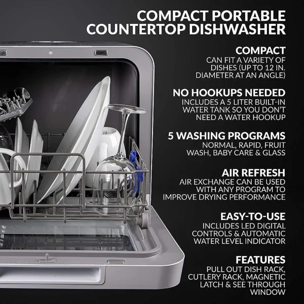 Farberware ‎FDW05ASBWHA Portable Countertop Dishwasher with 5-Liter Built-in Water Tank - 5-Program System for Home, RV, and Apartment - Wash Dishes, Glass, Fruit, and Baby Products - immagine 2