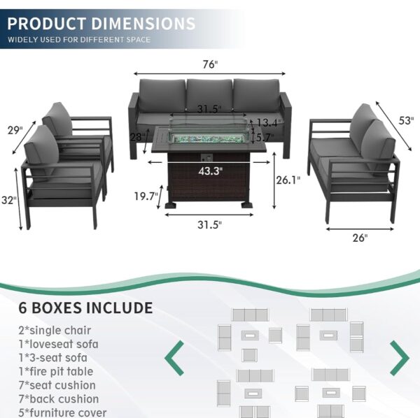 Amopatio Patio Furniture Set with Fire Pit Table, 8 Pcs Aluminum Outdoor Sectional Metal Modern Patio Sofa Sets, 44" Gas Fire Pit Conversation Set for Yard, Dark Grey(Included Waterproof Covers - immagine 2