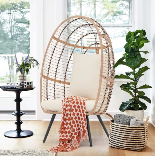 Patiorama Wicker Egg Chair Outdoor Indoor, Rattan Lounge Chair for Outside w/Legs Cushion, Basket Wicker Chair for Bedroom Living Room Front Porch Backyard Garden 350 lbs Capacity (Creamy White) - immagine 5