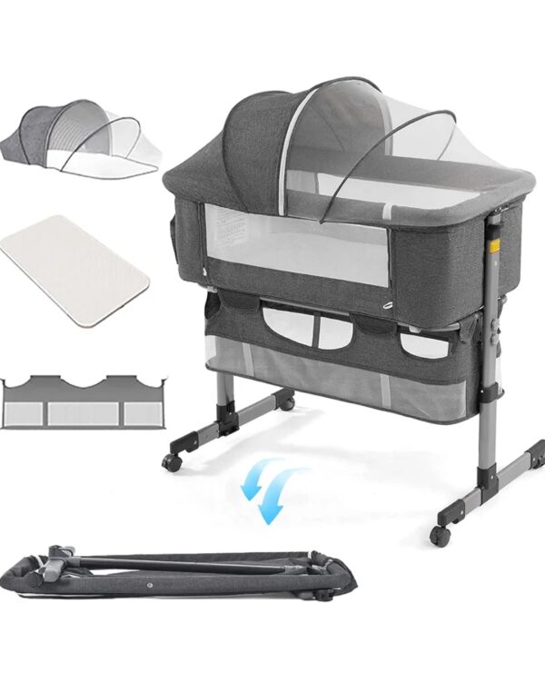 Baby Bassinets Bedside Sleeper Baby Crib Portable Baby Crib with Storage Basket Easy Folding Bedside with Breathable Mattress Adjustable Height (Grey)