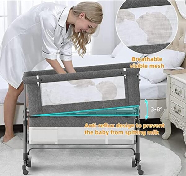 Baby Bassinets Bedside Sleeper Baby Crib Portable Baby Crib with Storage Basket Easy Folding Bedside with Breathable Mattress Adjustable Height (Grey) - immagine 5