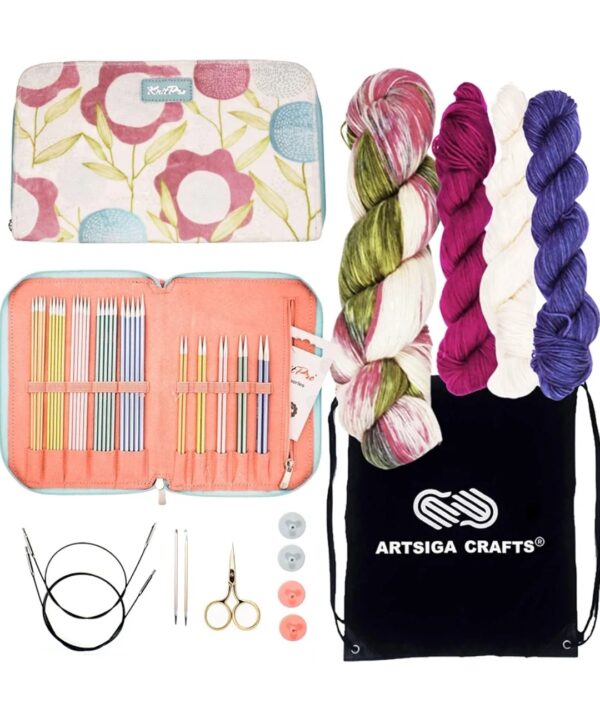 KnitPro Sweet Affair Knitting Set Includes 5 x 4.5in. Interchangeable Tips, 5 x 6in. Double Point Sets, 4 Skeins Terra Yarn (175gr), 6 Project Inspirations, 2 Cases Bundled with 1 Artsiga Crafts Bag