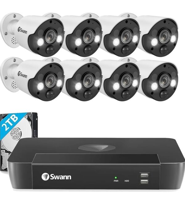 Swann Home Security Camera System with 2TB HDD, 8 Channel 8 Cam, POE Cat5e NVR 4K HD Video, Indoor or Outdoor Wired Surveillance CCTV, Color Night Vision, Heat Motion Detection, LED Lights, 886808FB