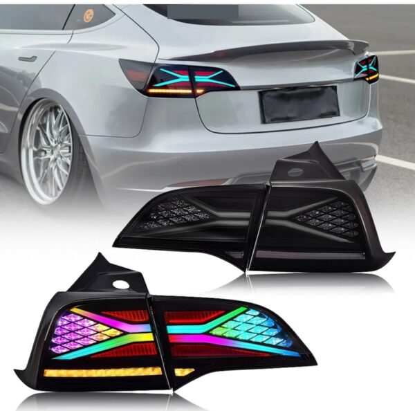 Taillights RGB Tail Lights Car Start Up Animation Rear Lamp X-men Taillight Assemblys，Compatible For Tesla Model 3 Model Y 2018-2022 (Color : Non-us version) - immagine 2