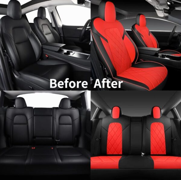 TAPHA Faux Leather Seat Cover Set for Tesla Model 3 2017-2022, Breathable and Water-Resistant, Include Seat Covers for Front and Rear Seats (Black/Red) - immagine 5