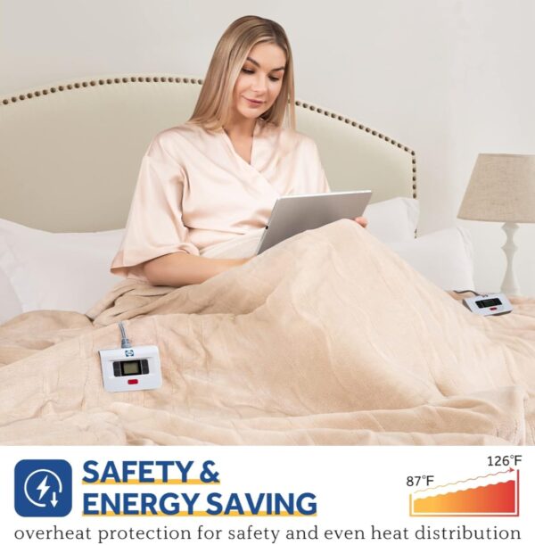 SEALY Electric Blanket King Size, Flannel Heated Blanket with 10 Heating Levels & 1-12 Hours Auto Shut Off, Fast Heating Warm Blanket, Machine Washable, Beige, 100 x 90 Inch - immagine 5