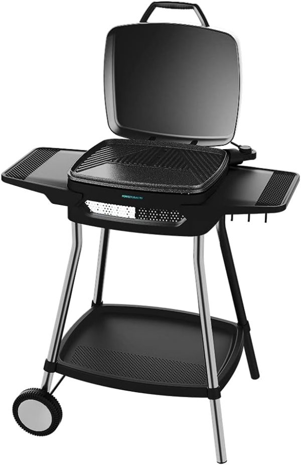 Cecotec Perfect Country 2000 EasyMove 2000W Electric Barbecue - Mixed Non Stick Surface, Folding Lid, Adjustable Thermostat, Grease Tray, Steel Legs and Wheels