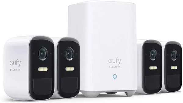 eufy Security, eufyCam 2C Pro 4-Cam Kit, Wireless Home Security System with 2K Resolution, HomeKit Compatibility, 180-Day Battery Life, IP67, Night Vision, and No Monthly Fee.