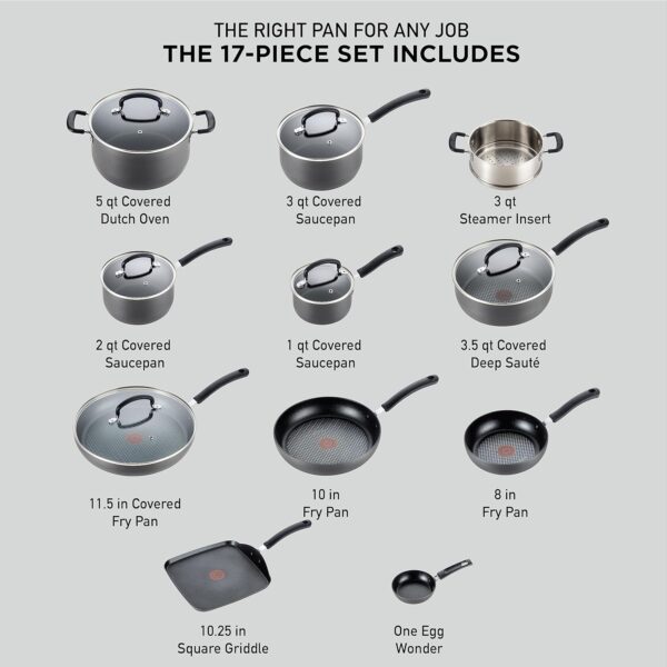 T-fal Ultimate Hard Anodized Nonstick Cookware Set 17 Piece Oven Safe 400F, Lid Safe 350F Pots and Pans, Dishwasher Safe Black - immagine 2