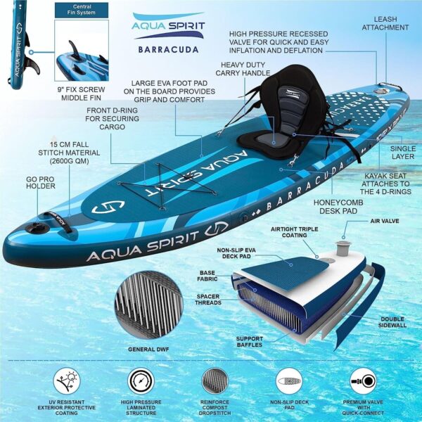 Aqua Spirit Barracuda iSUP 10'6 Paddle Board with Kayak Package - Blue - immagine 5