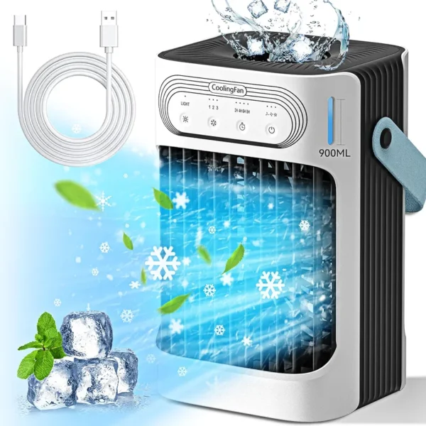 Portable Air Conditioners,Personal Evaporative Air Cooler 3in1 Mini Desktop Cooling fan,900ML Water Tank,3 Cool Mist,3 Wind Speed,7 LED Light,2-8H Timer AC Air Conditioners for Room/Office