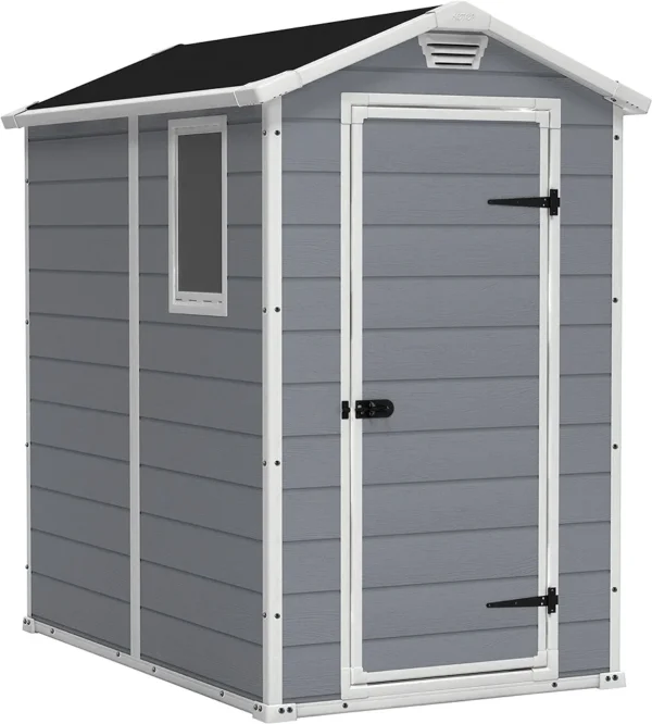 Keter Manor 4x6 Resin Outdoor Storage Shed Kit-Perfect to Store Patio Furniture, Garden Tools Bike Accessories, Beach Chairs and Lawn Mower, Grey & White