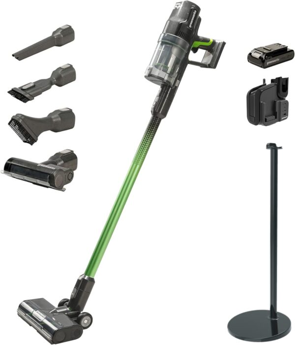 Greenworks GD24SVK4S Cordless Vacuum Cleaner, High Power, 45 Mins, Hepa Filter, Pet Hair Tool, 3 Power Levels, 24 V 4 Ah Battery, Base Charger, 3 Year Warranty