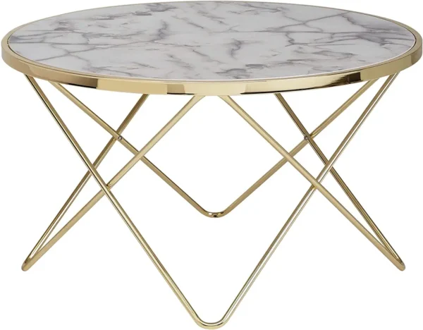 Kadima Design Coffee Table Marble Look White Ø 85 cm Gold Living Room Table Round New