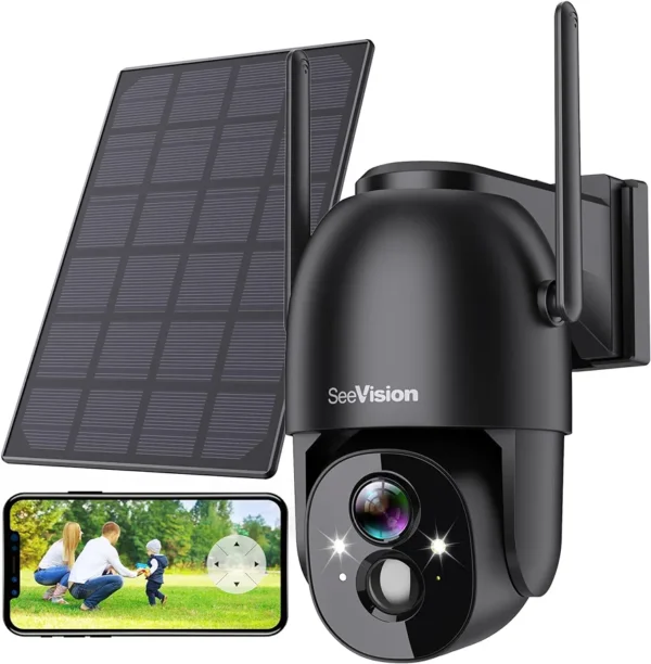 Solar Security Cameras Wireless Outdoor, SeeVision 2K Battery Powered PTZ WiFi 3MP Camera for Home with Spotlight, PIR Motion Detection,Siren, Color Night Vision, 2-Way Talk, SD/Cloud Storage