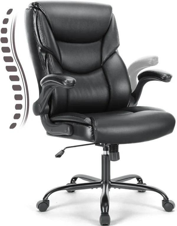 JHK Leather Office Chair with Flip Up Arms, Executive High Back Big and Tall Desk Chairs with Ergonomic Lumbar Support, Adjustable Height,Wheels, Soft Padded, Black