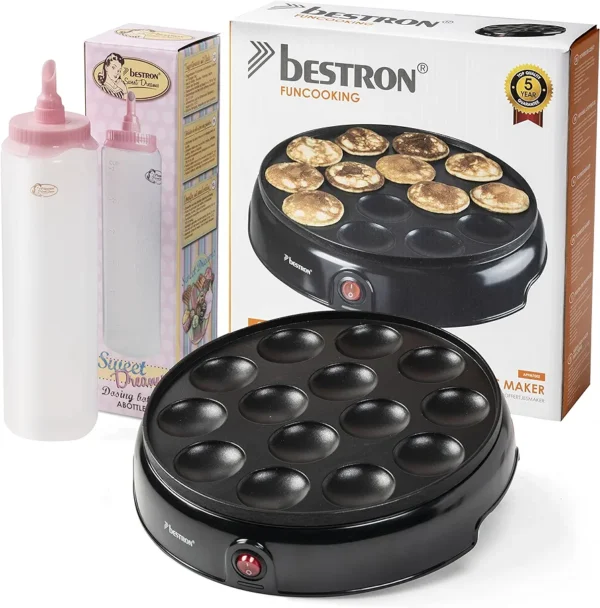 Bestron Poffertjesmaker Value Pack Including Dough Bottle for 700 ml, Ideal for Christmas, Easter or Children's Birthdays, Retro Design, 800 Watt, Colour: Black/Pink