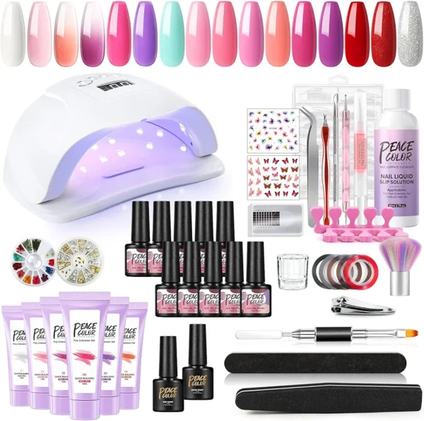 PEACECOLOR Gel Nails Set of 10 Gel Nail Polish Set with 36 W UV/LED Lamp Gel Nails Set + 6 Pieces Poly Nail Gel Nails Starter Set Complete Nail Studio Set