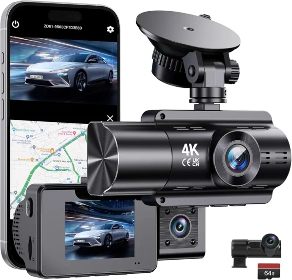 Dashcam auto anteriore e posteriore wireless dash cam 360 gradi di sorveglianza con batteria 4K con GPS 5Ghz WiFi Dash Cam con 64GB SD telecamera auto senza fili con monitoraggio del parcheggio/supe